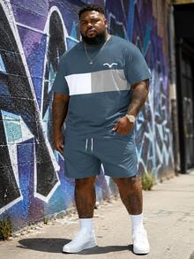 Plus Size Men's Plaid Color Block Printed Short Sleeve Set, 3D Graphic Round Neck Top, Elastic Breathable Polyester, Casual Sporty Style, Plus Size Loose Fit, Suitable For Daily And Gathering Occasions - Mint Blue - View 1