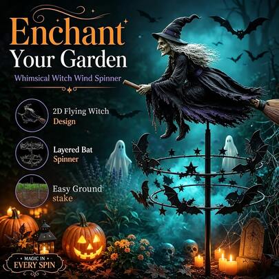 Halloween Magic Witch Garden Wind Spinner, Halloween Wind Spinner Garden Stake Outdoor Decor, With Witch And Bat Pattern, Spooky Halloween Yard Wind Spinner, Fun Halloween Decoration-Witch Garden Wind Spinner