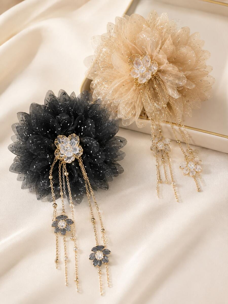 1pc Glass Butterfly Flower Tassel Hair Clip, Premium Hair Claw Hair Accessory - View 1