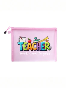 網格拉鍊收納袋，印有「Teach Love Inspire」字母圖案，教師收納袋，大容量便攜多功能收納盒，鉛筆盒與化妝品收納盒，教師感謝禮物，教育工作者感謝禮物，學校辦公旅行假期生日禮物 - 彩色 - 查看 15