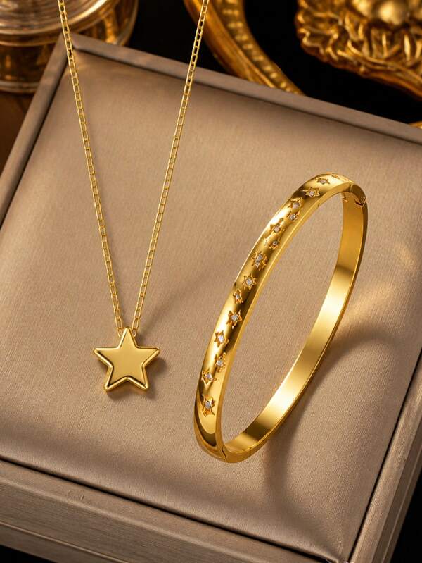 VceTd 2PCS Fashion Romantic Style Star Series Stainless Steel Women's Jewelry Set Suitable For Women's Daily Wear Or Vacation Wear Or Holiday Gift