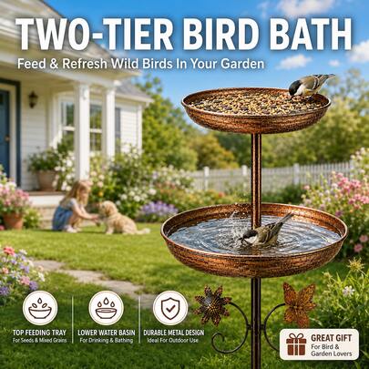 Double-Tier Bird Bath And Bird Feeder Garden Stake, Outdoor Metal Bird Water Bowl And Seed Tray With Decorative Flower Butterfly Design For Yard, Patio, Lawn And Garden Decor