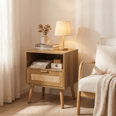 45 x 40 x 55 cm Nachtkastje/Nachtkastje in Boho-stijl met open plank/Multifunctioneel design/100% natuurlijke rotanstokken/1 lade/Geschikt voor hotel slaapkamer