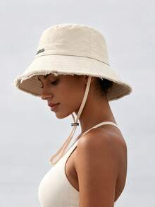 1pc Women's Summer Bucket Hat, Same Style As Xuan Ya, Washed Frayed Edge, Wide Brim Sun Hat, Simple Versatile Vacation Style UV Protection Hat - A - View 8
