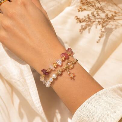 1pc Bohemian Style Faux Pearl & Stone Beaded Bracelet, Gold-Tone Bead Accents Layered Elastic Bracelet With Crystal Pendant, Vacation Jewelry Gift For Women