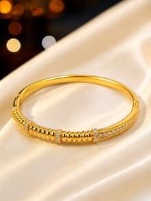 1pc Gold-Tone Textured Rhinestone Bangle Bracelet, Sophisticated Decorative Closed Cuff For Women - Bracelet - View 4