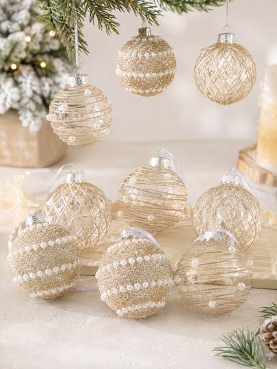 6pcs 2.76" Champagne & Clear Christmas Ball Ornaments, 3 Styles Pearl Beaded Texture Hanging Balls, Suitable For Christmas Tree Decoration, Holiday Party, Wedding, Wreath, Garland Decoration, Fireplace, Home Room Decor, Winter Christmas Decoration