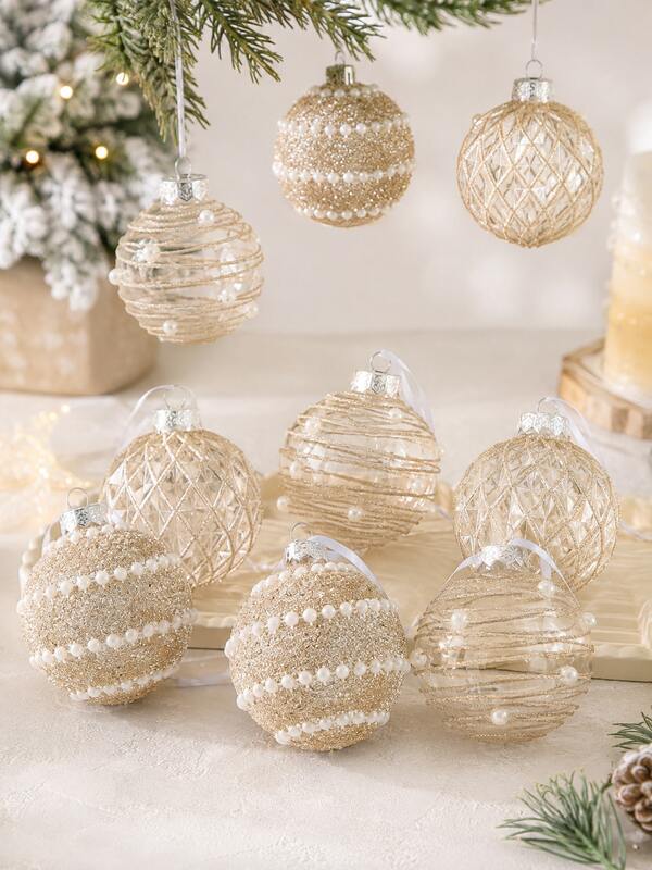 6pcs 2.76" Champagne & Clear Christmas Ball Ornaments, 3 Styles Pearl Beaded Texture Hanging Balls, Suitable For Christmas Tree Decoration, Holiday Party, Wedding, Wreath, Garland Decoration, Fireplace, Home Room Decor, Winter Christmas Decoration