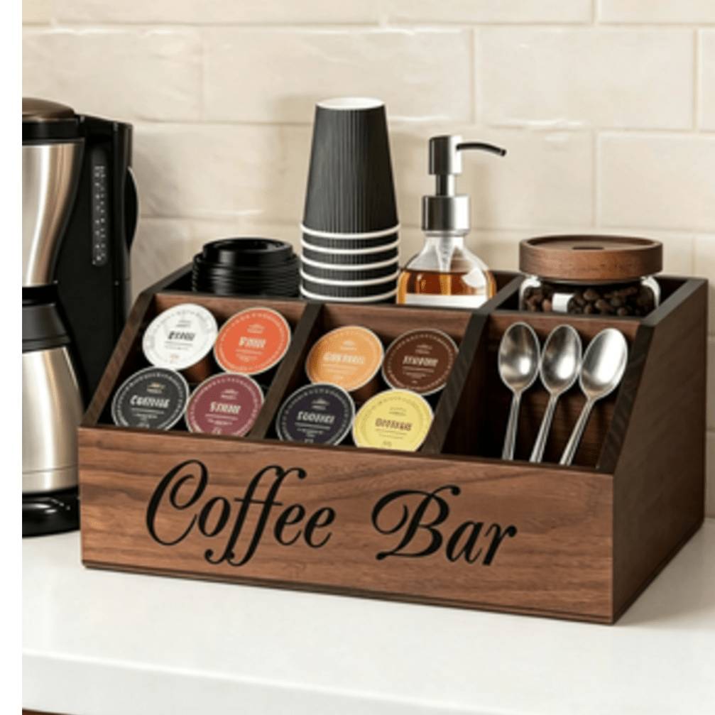 1pc 5-Compartment Wooden Coffee Bar Organizer, Vintage Farmhouse Style Countertop Storage Box, Suitable For Coffee Pods, Coffee Cups, Spoons And Accessories, Farmhouse Kitchen Coffee Station Decor