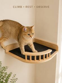 1PC Wall-Mounted Cat Shelf And Cat Wall Perch, Solid Wood Corner Jumping Platform With Anti-Slip Pad And Wooden Railing, Space-Saving Cat Wall Furniture For Indoor Cats To Climb, Jump, Rest And Sleep - Beige - View 5