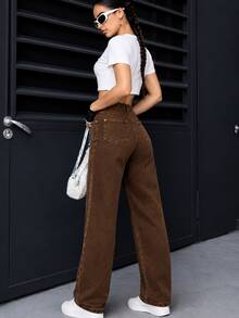 Pantalón Mujer Casual MOM JEANS Washed Tela Rígida no elástica  Straight Bolsillos Button Zipper Primavera Verano Diario Pantalón - Café integral - Ver 3