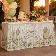 Sage Green Happy Birthday Table Skirt With Balloon, Daisy And Bow Print, Polyester Party Tablecloth, Suitable For Children's Birthday, Baby Shower, Dessert Table And Neutral Celebration Decor - A - View 5