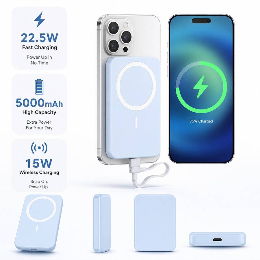 Minimalist Light Blue 5000mAh Magnetic Power Bank, Compact Wireless Backup Charger With Design, Features 22.5W Fast Wired Charging With 15W Wireless Charging, High-Capacity Battery Support, Easy Alignment And A Slim Pocket-Ready Shape, Ideal For Back To School, Lesson Days, Club Activities, Student Travel, Study Time And Daily Phone Use - 1PC - View 1