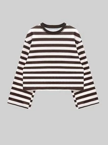 New Fashion Elegant Striped Colorblock Women's Casual Versatile T-Shirt, Vacation College Daily All-Season Top - Brown - View 5