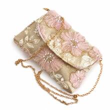 Tidet Ever 香檳色花卉珍珠刺繡手拿包，附鏈條肩帶，網格晚宴包，適合女性，適用於舞會、伴娘及婚禮賓客場合 - 香檳色 - 查看 3