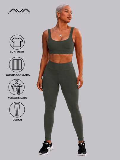 Conjunto Feminino Academia Top U e Calça Canelada Com Forro Cós Alto Suplex Poliamida AVA Fitness