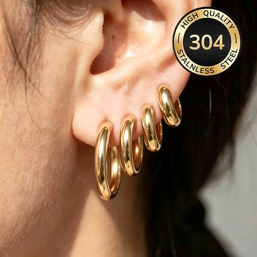 優雅 18K 金鍍層不鏽鋼耳環 | 14mm 低過敏耳釘 耐磨防褪色 極簡經典風格 中性飾品 適合日常、節日、度假、派對