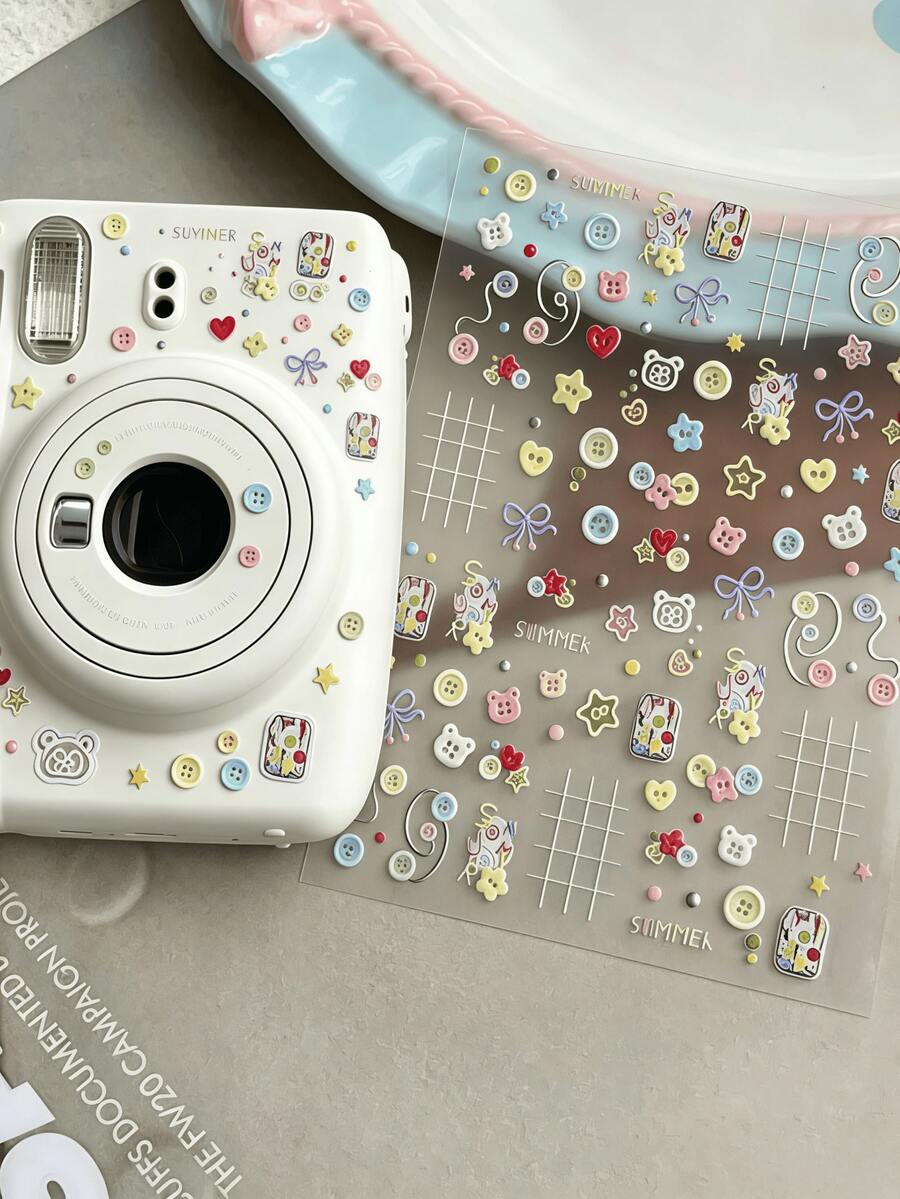 1/3/6pcs Macaron Button Bear Embossed Stickers, Colorful Round Button Cute Bear Head, Bow Tie Heart Star Combination, With English "SUMMER" Text, Suitable For Camera, Phone Case, Water Cup, Planner DIY Decoration. Handmade DIY Decorative Stickers, Can Decorate And Protect Lens From Wear, Express Yourself Decorative Protective Film - Multicolor - View 1
