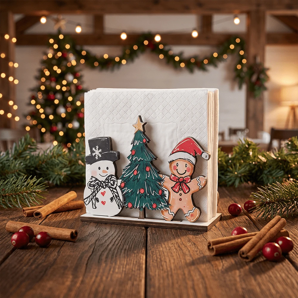1/4pcs Christmas Tree Wooden Napkin Holder With Snowman Rustic Farmhouse Table Tissue Paper Stand Dispenser For Holiday Dining Home Decor Xmas Party Decoration - Multicolor - View 1