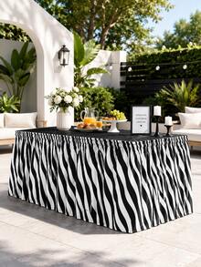 1pc Black & White Zebra Stripe Rectangular Table Skirt, Modern Safari Style Polyester Elastic Edge Ruffled Table Cover, Animal Print Party Table Skirting For Birthday, Wedding, Buffet, Room Decor, Office Decor & Home Decor - Multicolor - View 3
