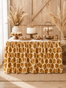 1pc Brown & Cream Giraffe Print Rectangular Table Skirt, Safari Animal Style Polyester Elastic Edge Ruffled Table Cover, Decorative Table Skirting For Jungle Party, Birthday, Dessert Buffet, Room Decor & Home Decor - Multicolor - View 9