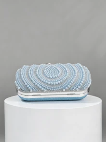 1pc Light Blue Water Drop Heavy Beaded Evening Clutch, Exquisite Round Bead Rhinestone Pattern, Pearl Studded Lock, Dress Matching Small Bag, Wedding Party Ball, With Detachable Crossbody Chain - Baby Blue - View 6