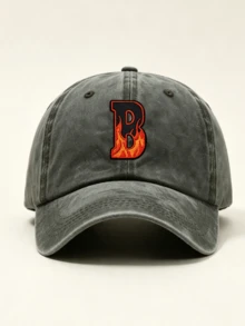 1 Pc Vintage Washed Distressed Baseball Cap, A-Z Flame Letter Embroidered Dad Hat, Adjustable Casual Sun Hat For Men Women Street Outdoor Daily Wear - Grey - View 5