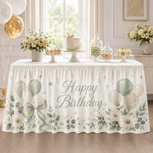 Sage Green Happy Birthday Table Skirt With Balloon, Daisy And Bow Print, Polyester Party Tablecloth, Suitable For Children's Birthday, Baby Shower, Dessert Table And Neutral Celebration Decor - A - View 6