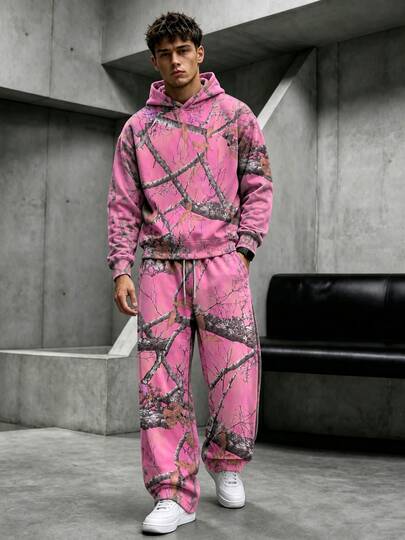 Krometka Men's American Vintage Pink Branch Camouflage Hoodie Sweatshirt Set, Loose Wide Leg Sweatpants Two Pieces Streetwear Y2K Casual Sports Outfit