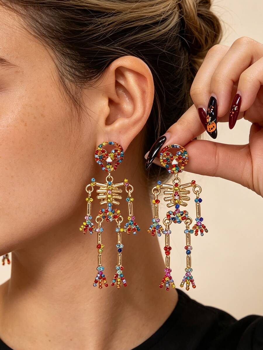 1 Pair Halloween Colorful Rhinestone Skeleton Frame Earrings, Dynamic Swinging Gothic Style Party Atmosphere For Women - Skull Frame Earrings - View 1