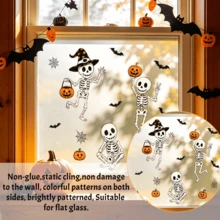 1/3/5pcs Cute Dancing Skeleton Static Window Clings, Pumpkin Bat Spider Web Halloween Window Decals, Reusable Non-Adhesive Glass Stickers For Home Halloween Party Decor Gift - Multicolor - View 4