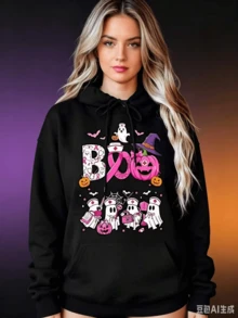 Pink Ribbon Boo Ghost Nurse Print, Halloween, Autumn Casual Wear, Women, Femme - 黑色 - 查看 7