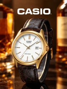 Casio Men's Gold-Tone Quartz Analog Watch With White Dial, Brown Leather Strap And Date Window, Suitable For Business Meetings, Formal Office And Commuting Attire - one-size - View 7
