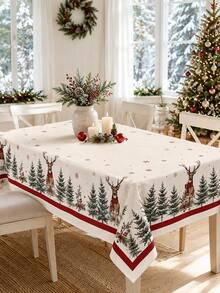 1pc-Farmhouse Christmas Reindeer Tablecloth, Forest Pine Tree Snowflake Red Berry Printed Round Rectangular Table Cloth, Festive Holiday Table Cover For Xmas Dinner Party Indoor Kitchen Dining Home Table Decoration - Multicolor - View 6