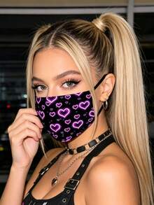 Women's Cute Purple Heart Print Mask - Elastic Breathable Black Mask, Suitable For Women And Teenagers, Fashionable Daily Accessory, Fun Style, Comfortable To Wear - Face Mask - View 4