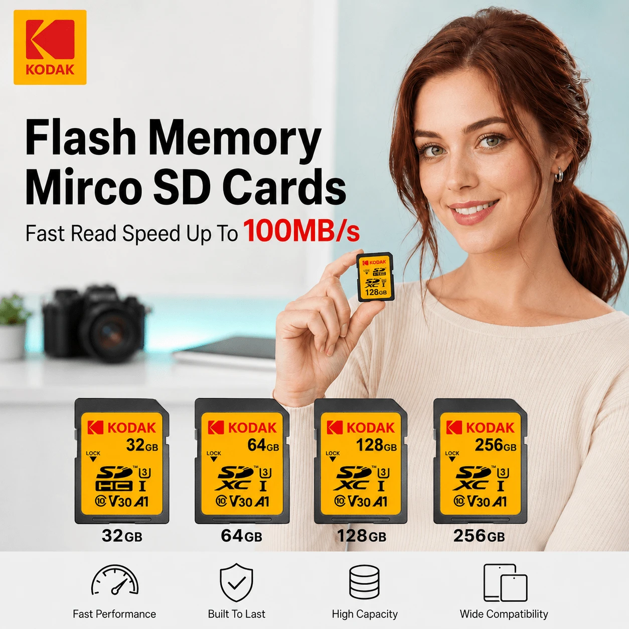 Kodak High Speed Memory Card For Camera/DSLR, Read/Write Speed 100MB/S, SDXC Card, Class 10, Supports 4K HD, V30 A1 U3 Memory Card, Capacity 32GB/64GB/128GB/256GB - View 1