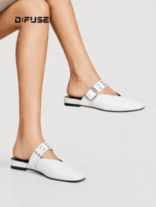 D:FUSE Sandal Selop Wanita dengan Hiasan Gesper Logam Berpaku Keling, Warna Polos, Ujung Persegi, Hak Rendah, Gaya Wanita Kantoran, Kencan Sehari-hari di Musim Panas, Kulit Asli Putih - Putih - View 9