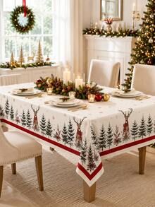 1pc-Farmhouse Christmas Reindeer Tablecloth, Forest Pine Tree Snowflake Red Berry Printed Round Rectangular Table Cloth, Festive Holiday Table Cover For Xmas Dinner Party Indoor Kitchen Dining Home Table Decoration - Multicolor - View 4