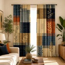 2pcs Modern Geometric Grid Patchwork Print Semi-Sheer Curtains, Rod Pocket Hanging, High-Definition Digital Print, Privacy Protection, Hand Washable And Machine Washable, No Hooks, Suitable For Living Room, Bedroom, Study, Nordic Minimalist Style Home Decor - Multicolor - View 5