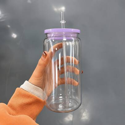1 Shatterproof Plastic Mason Jar With A Colored Lid And Straw, And A Clear Cup.