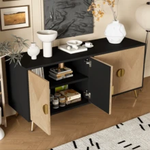 160 Cm Sideboard, Four Doors, Golden Brushed Handles And High-Gloss Table Legs, 160 X 40 X 75 Cm - Black - View 4