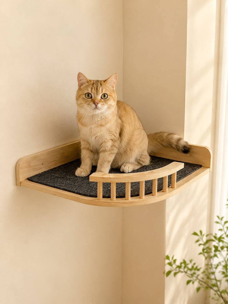 1PC Wall-Mounted Cat Shelf And Cat Wall Perch, Solid Wood Corner Jumping Platform With Anti-Slip Pad And Wooden Railing, Space-Saving Cat Wall Furniture For Indoor Cats To Climb, Jump, Rest And Sleep - Beige - View 1