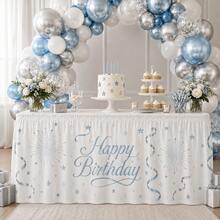 Light Blue Happy Birthday Table Skirt, Printed With Stars And Fireworks Pattern, Polyester Party Tablecloth, Suitable For Baby Birthday, Baby Celebration, Dessert Table Decoration And Home Party Supplies - A - View 4