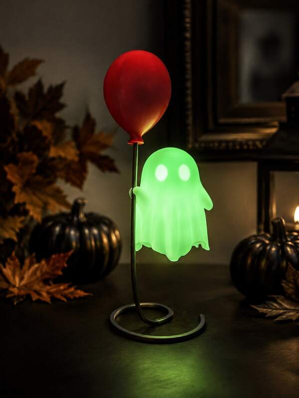 1Pc Cute Green Glow Ghost With Red Balloon Tabletop Ornament, Whimsical Halloween Character Figure With Wavy Hem, Oval Eyes And Spiral Base, Luminous Decorative Accent For Party, Mantel, Desk, Bookshelf, Home And Halloween Night Display