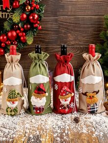 Christmas Linen-Like Drawstring Wine Bottle Bags, Santa Claus, Snowman & Reindeer Wine Bottle Covers, Xmas Table Decorations For Home Kitchen Dinner Party, Perfect Holiday Gift - View 1