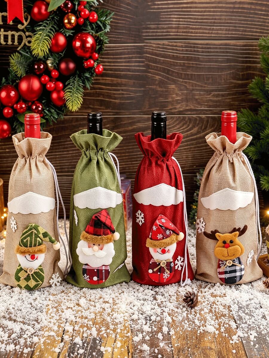 Christmas Linen-Like Drawstring Wine Bottle Bags, Santa Claus, Snowman & Reindeer Wine Bottle Covers, Xmas Table Decorations For Home Kitchen Dinner Party, Perfect Holiday Gift - View 1