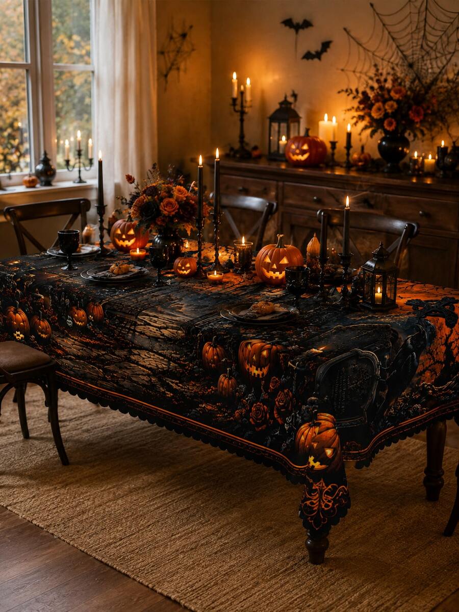 1pc Scary Forest Lantern Tablecloth, Spooky Night Party, Rustic Countryside Style Polyester Rectangular Tablecloth With Dark Woods And Skull Patterns, Easy Care Table Cover For Dining Room Kitchen Holiday Dinner Decoration - Multicolor - View 1