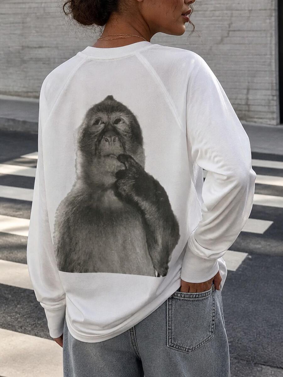 Y2K Fall Graphic Shirts, Long Sleeve Crew Neck Basic Tops, Soft Cute Tees, Versatile Casual Wear, Back To School Outdoor Outfits - 白色背面款 - 查看 1