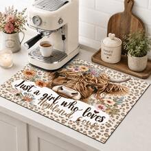 1pc Highland Cow Floral Leopard Print Table Mat, Rustic Country Style Rectangular Kitchen Countertop Protector, Brown Cow Head & Text Print Design, Easy To Clean Decorative Mat, Suitable For Kitchen, Dining Table, Coffee Station And Daily Home Decor - Multicolor - View 3