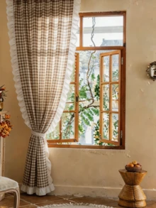 1pc American Vintage Style Ruffled Curtain, Room Divider Door Curtain, Suitable For Kitchen, Bedroom, Living Room, Daily Home, Holiday Party Atmosphere Decor - Coffee Brown - View 2